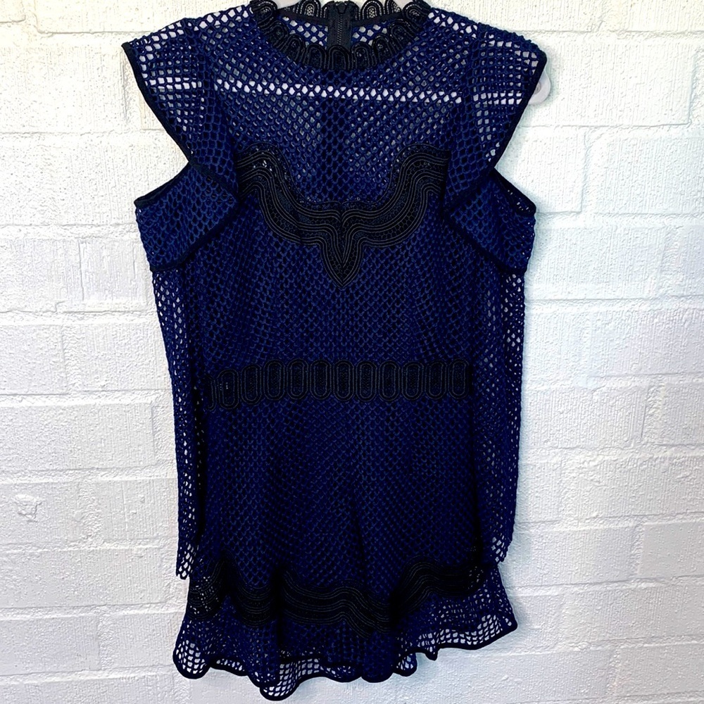 SAYLOR Crochet Mesh Cold Shoulder Navy Blue Long Sleeve Romper size XS